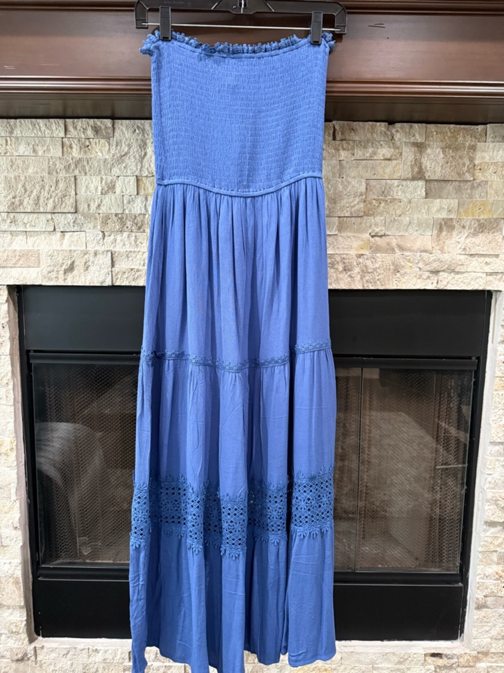 Strapless Blue Maxi Dress with Crochet Trim
